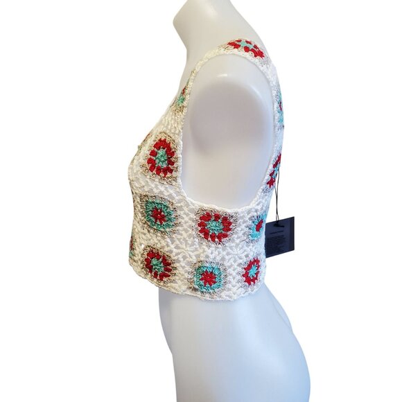 LE LIS White Granny Square Crochet Boho Festival Croped Top Small NWT - Picture 4 of 5